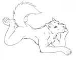  canine claws dissimulated line_art looking_at_viewer lying male mammal monochrome nude on_front pawpads solo wolf 