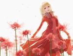  blonde_hair coat drag-on_dragoon drag-on_dragoon_1 dress flower manah petals red_coat red_dress red_eyes simple_background spider_lily tanatatatan 
