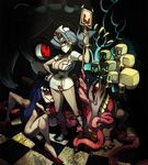  alex_ahad bloody_marie_(skullgirls) blue_hair breasts cleavage dark_skin double_(skullgirls) dress eldritch_abomination entrails extra_legs floating_skull gloves hair_over_one_eye hat large_breasts multiple_girls nun nurse nurse_cap organs ponytail red_cross red_eyes short_dress skull skullgirls surgical_mask valentine_(skullgirls) white_gloves 