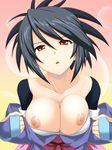  black_hair bra bra_pull breasts brown_eyes cleavage collarbone fujibayashi_shiina highres hou_(hachiyou) japanese_clothes large_breasts nipples off_shoulder parted_lips solo tales_of_(series) tales_of_symphonia underwear white_bra 