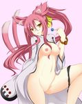  animal_ears bad_id bad_pixiv_id blazblue bracelet breasts candy cat_ears cat_tail food glasses highres jewelry kokonoe large_breasts lollipop multiple_tails nagamon navel open_clothes open_shirt orange_eyes panties panties_around_one_leg parted_lips pince-nez pink_hair ponytail pussy shirt solo tail underwear 