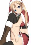  belt black_legwear blonde_hair blue_eyes blush boots capelet hat john_(kakurenbo) leg_up long_hair looking_at_viewer original panties santa_hat simple_background skirt solo striped striped_panties thighhighs twintails underwear white_background 