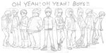  10boys 6+boys butters_stotch clyde_donovan craig_tucker dark_skin earflap_hat eric_cartman fat hat hat_pompom hood jimmy_valmer kenny_mccormick kyle_broflovski male male_focus middle_finger monochrome multiple_boys parka short_hair south_park stan_marsh standing token_black tweek_tweak 