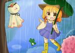  &gt;_&lt; :&gt; blonde_hair boots closed_eyes dress flower frog hat hydrangea iwari_(kerokeroboushi) leaf_umbrella moriya_suwako pointing rain rubber_boots solo teruterubouzu thighhighs touhou white_legwear yasaka_kanako yellow_eyes 