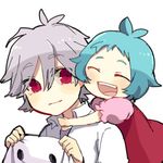  1girl aano_(10bit) ahoge ayanami_rei bed_sheet blue_hair closed_eyes hug nagisa_kaworu neon_genesis_evangelion open_mouth petit_eva:_evangelion@school red_eyes short_hair smile white_hair younger 