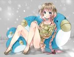  :o bad_id bad_pixiv_id blonde_hair blue_eyes blush braid collarbone hair_ribbon hanekoto long_hair original ribbon sitting sketch snowing solo sweater twin_braids 