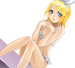  acha bikini blonde_hair blue_eyes bow drawr dutch_angle hair_bow hair_ornament hairclip kagamine_rin project_diva_(series) short_hair solo swimsuit swimwear_(module) vocaloid 