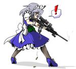  1girl assault_rifle bloodycat braid casing_ejection gun hybrid_sight izayoi_sakuya m16a4 maid maid_headdress pantyhose red_eyes ribbon rifle shell_casing short_hair silver_hair skirt solo touhou twin_braids weapon 