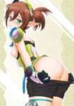  ass breasts brown_hair gloves green_eyes headgear little_prim nipples phantasy_star phantasy_star_online_2 ponytail pulled_by_self pussy_peek ryu-akt shorts shorts_pull small_breasts solo tiea two_side_up 