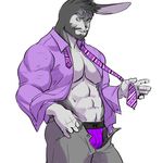  abs biceps clothing lagomorph male mikalapine muscles necktie pecs pose purple rabbit shirt teasing trousers underwear undressing 