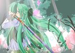  fia_(riviera) green_hair hair_ribbon half_updo katana long_hair rapier ribbon riviera solo suzuuchi_yayoi sword tree weapon 