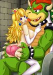  1boy 1girl artist_request ass bestiality blonde_hair bowser bracelet breasts claws collar crown earrings elbow_gloves eyebrows gloves hand_on_thigh highres horns interspecies jewelry kiss koopa mario_(series) monster monster_sex nintendo panties panties_only pantyhose princess princess_peach purple_eyes red_eyes red_hair saliva seraphina sharp_teeth shell sitting sitting_on_lap sitting_on_person spiked_bracelet spiked_collar spikes super_mario_bros. thighhighs tongue topless underwear 
