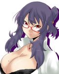  black_bra bra breasts cleavage glasses huge_breasts long_hair mole mole_on_breast necktie ponytail purple_hair red-framed_eyewear red_eyes semi-rimless_eyewear senran_kagura senran_kagura_burst sidelocks solo souren suzune_(senran_kagura) teacher under-rim_eyewear underwear upper_body 