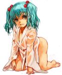  all_fours ass barefoot blue_eyes blue_hair bottomless child hair_bobbles hair_ornament japanese_clothes kisume sachito see-through solo touhou twintails wet wet_clothes 