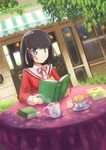  black_hair book cafe cup hair_ribbon kami_nomi_zo_shiru_sekai purple_eyes reading ribbon school_uniform shiomiya_shiori short_hair sitting solo steam table tauke 