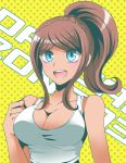  1girl :d asahina_aoi bangs bare_shoulders blue_eyes blush breasts brown_hair cleavage collarbone copyright_name danganronpa danganronpa_3 dark_skin eyebrows_visible_through_hair green_background hasumi_hiko large_breasts long_hair looking_at_viewer open_mouth parted_bangs polka_dot polka_dot_background shirt side_ponytail sidelocks smile solo tank_top upper_body white_shirt yellow_background 