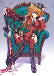  alternate_costume animal_ears argyle argyle_legwear armchair bandages black_gloves blood bloody_weapon blue_eyes boots brown_hair carnelian cat_ears cat_tail chair crossed_legs evangelion:_3.0_you_can_(not)_redo eyepatch gloves hat long_hair looking_at_viewer md5_mismatch neon_genesis_evangelion rebuild_of_evangelion shikinami_asuka_langley sitting solo souryuu_asuka_langley sword tail thighhighs weapon 