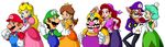  4boys 4girls blue_eyes breasts brown_hair cap captain_syrup coin couple crown dress duplicate earrings elbow_gloves facial_hair fat fat_man flower gem gloves green_hair hand_on_head hand_on_shoulder hat highres jewelry long_hair long_image luigi mario mario_(series) money multiple_boys multiple_girls mustache nakagawa_rui nintendo pirate princess princess_daisy princess_peach queen queen_merelda red_hair rose skull super_mario_bros. super_mario_land suspenders sweatdrop tongue tongue_out waluigi wario wario_land wide_image 