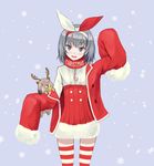 alternate_costume antlers bell blue_eyes blue_hair blush bow bunny candy candy_cane christmas clothes_down food grey_hair hair_bow hairband highres hijiribashi_kirika imageboard_colors jacket long_sleeves looking_at_viewer non-web_source off_shoulder oversized_clothes parted_lips pas_(paxiti) red_jacket reindeer_antlers seitokai_tantei_kirika short_hair simple_background skirt smile snowflakes solo standing striped striped_legwear thighhighs zettai_ryouiki 
