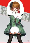  adjusting_eyewear bad_id bad_pixiv_id blush brown_eyes brown_hair coat cover cover_page fur_trim glasses grin hood looking_at_viewer original red-framed_eyewear short_hair smile solo thighhighs wada_aruko 