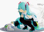  aqua_eyes aqua_hair bad_id bad_pixiv_id boots cat character_name detached_sleeves hatsune_miku headset hiroyuki_takahashi long_hair necktie skirt solo spring_onion squatting thigh_boots thighhighs twintails very_long_hair vocaloid 