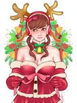  antlers bad_id bad_pixiv_id bare_shoulders bell breasts brown_hair christmas cleavage elbow_gloves gloves kusagami_style large_breasts lips original red_gloves reindeer_antlers ribbon solo white_background 