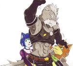  arm_up armpit_hair armpits beard belt belt_buckle biceps blush body_hair breasts butt canine chain chest_hair clothing facial_hair female flexing fox fox_mccloud gloves hair headgear jacket krystal male mammal mohawk muscles naval navel necklace nintendo open_mouth pants pecs plain_background sharp_teeth shirt smile star_fox suit teeth thigh tongue undressing video_games wolf wolf_o&#039;donnell wolf_o'donnell 
