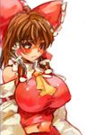  ascot bare_shoulders blush bow breasts brown_eyes brown_hair detached_sleeves downcast_eyes hair_bow hair_tubes hakurei_reimu huge_breasts midriff navel oekaki sachito simple_background solo touhou upper_body white_background 