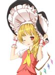  ascot blonde_hair blush flandre_scarlet hat holding one_eye_closed r0g0b0 red_eyes side_ponytail simple_background solo tongue tongue_out touhou white_background wings witch_hat wrist_cuffs 