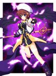  blue_eyes brown_hair cropped_jacket cross_(crossryou) feathers fingerless_gloves gloves hair_ornament hat highres jacket lyrical_nanoha magical_girl mahou_shoujo_lyrical_nanoha_strikers open_clothes open_jacket schwertkreuz shoes short_hair solo waist_cape wings x_hair_ornament yagami_hayate 