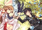  2girls :d ^_^ asuna_(sao) bad_id bad_pixiv_id bare_shoulders black_hair blush breastplate brown_eyes brown_hair closed_eyes detached_sleeves dress fingerless_gloves gloves grass kirito long_hair lying multiple_girls on_back on_side open_mouth peach_(momozen) petals sleeping smile sword_art_online thighhighs white_legwear yui_(sao) 