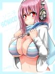  bikini blush border breasts character_name headphones large_breasts long_hair looking_at_viewer nitroplus pink_hair red_eyes scarf shiny shiny_skin skindentation solo striped striped_bikini super_sonico swimsuit unzipped upper_body zerion zipper 