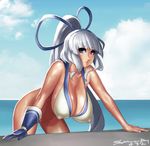  arm_support bent_over blue_eyes bottomless breasts cleavage covered_nipples dark_skin eu03 gloves hair_rings hairband hanging_breasts huge_breasts long_hair majikina_mina no_bra ponytail samurai_spirits shiny shiny_skin sideboob single_glove snk solo white_hair 