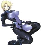  armor artist_request blonde_hair blue_eyes bodysuit breasts erect_nipples fortified_suit highres looking_at_viewer muvluv muvluv_alternative muvluv_total_eclipse short_hair simple_background skin_tight smile solo stella_bremer total_eclipse 