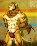  anthro balls biceps big_muscles bodypaint brown_fur brown_hair bulge clothed clothing feline feralise flaccid flexing fur green_eyes hair half-dressed lion male mammal muscles nipples pecs penis pose solo speedo standing swimsuit tattoo topless tribal white_fur yellow_fur 