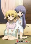  barefoot blonde_hair blue_hair blush brushing_another's_hair furude_rika hair_brushing higurashi_no_naku_koro_ni houjou_satoko kneeling long_hair multiple_girls one_eye_closed onija_tarou pajamas panties pillow pink_eyes purple_eyes short_hair sitting smile tatami underwear v_arms wariza 