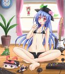  arcade_stick belly bikini_top black_bra blue_hair bra breasts brown_hair candy character_doll clock controller floor food frog fruit game_controller guitar hakurei_reimu hat hinanawi_tenshi indian_style instrument joystick keyboard_(computer) lollipop long_hair mouse_(computer) nagae_iku navel peach plant potted_plant purple_hair pyonta red_eyes san-x short_shorts shorts sitting small_breasts solo sumapan tarepanda touhou underwear 