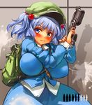  backpack bag blue_eyes blue_hair breasts finger_on_trigger gun hair_bobbles hair_ornament holding holding_gun holding_weapon huge_breasts kawashiro_nitori key sachito solo touhou two_side_up weapon wide_hips 