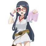  ;o black_hair blue_eyes book caryo chousoku_henkei_gyrozetter dress glasses holding holding_book long_hair lowres midori_boushi miwa_satori one_eye_closed open_book simple_background solo white_background 