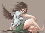  bare_legs barefoot black_hair black_wings brown_eyes dirty_face dirty_feet feathers looking_at_viewer madara_hato reiuji_utsuho shirt short_hair sitting skirt solo touhou wings younger 