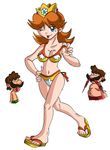  1girl 2boys :o belly_button bikini blood blue_eyes breasts brown_hair cleavage darkyamatoman facial_hair fat fat_man hands_on_hips highres luigi mario mario_(series) multiple_boys mustache navel nintendo nosebleed o_o plain_background princess_daisy super_mario_bros. super_mario_land swim_trunks swimming_trunks swimsuit tongue tongue_out 