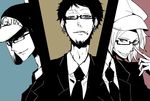  3boys adjusting_glasses alternate_costume baseball_cap cabbie_hat cigarette color_background cut-in earflap_hat earrings formal glasses hat heart_pirates jewelry male male_focus multiple_boys necktie one_piece penguin_(one_piece) shachi_(one_piece) suit takuhe_0410 tongue trafalgar_law 