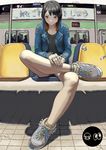 anklet english ground_vehicle highres jacket jewelry kumio34 multicolored_hair no_socks original punk shadow shoes sitting sneakers solo sonic_youth spikes subway tattoo train train_station two-tone_hair 