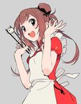  1girl :d brown_hair chopsticks grey_background open_mouth original poo_(donkan_gokko) simple_background smile solo 