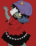  blue_hair from_behind grey_skin hat jiangshi looking_at_viewer looking_back miyako_yoshika ofuda onikobe_rin open_mouth outstretched_arms red red_background red_eyes rotting sharp_teeth simple_background skirt solo star teeth touhou zombie_pose 