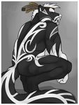  amwulf anthro back biceps big_muscles black_fur blue_eyes butt crouching feathers fur hair looking_back male mammal muscles nude skunk solo tattoo tribal white_fur white_hair white_nose 
