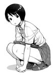  :o bag dress_shirt greyscale hands_clasped hiwatari kaida_bola kneehighs loafers monochrome own_hands_together plaid plaid_skirt school_bag school_briefcase school_uniform shirt shoes short_hair skirt solo squatting yotsubato! 