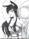  animal_ears big_breasts black_hair breasts canine cute female fox greyscale hair invalid_tag league_of_legends long_hair looking_at_viewer mammal monochrome nine_tailed_fox nine_tails orb smile solo 