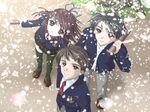  1girl 2boys brown_hair crescendo d.o. game_cg leaf leaves multiple_boys nagira_kaho sasaki_ryo school_uniform 