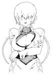  breast_hold breast_lift breasts cleavage cleavage_cutout cropped_jacket crossed_arms earrings greyscale hair_over_eyes huge_breasts jewelry leotard long_hair miniskirt monochrome shermie skirt solo split_ponytail the_king_of_fighters tsukudani_(coke-buta) twintails 